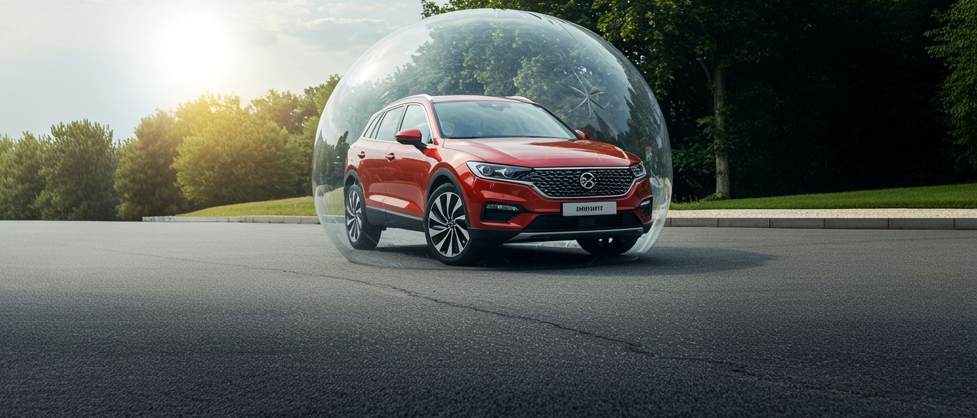 Voiture protégée par une bulle transparente sur une route