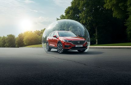 Voiture protégée par une bulle transparente sur une route