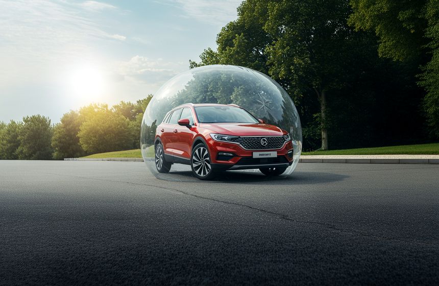 Voiture protégée par une bulle transparente sur une route